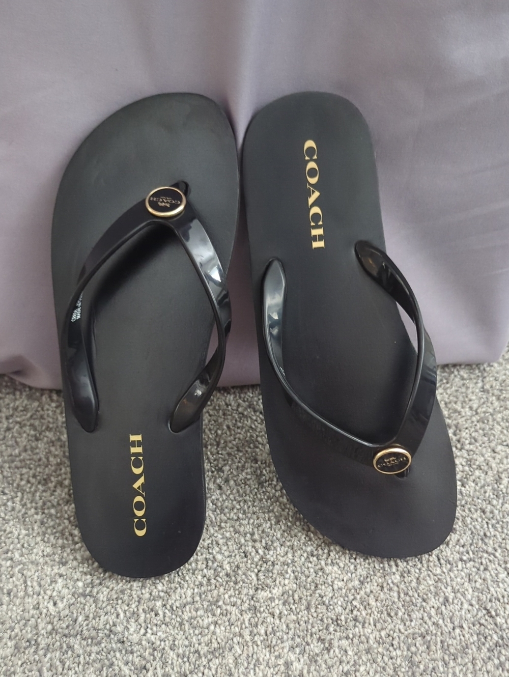 Coach Black Jelly Thong Sandals with Gold Logo